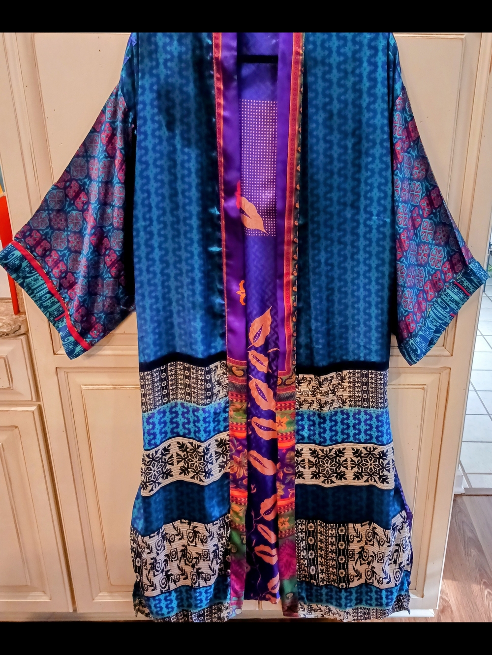 Vibrant Blue Patterned Kimono Cover-Up, 70% Silk